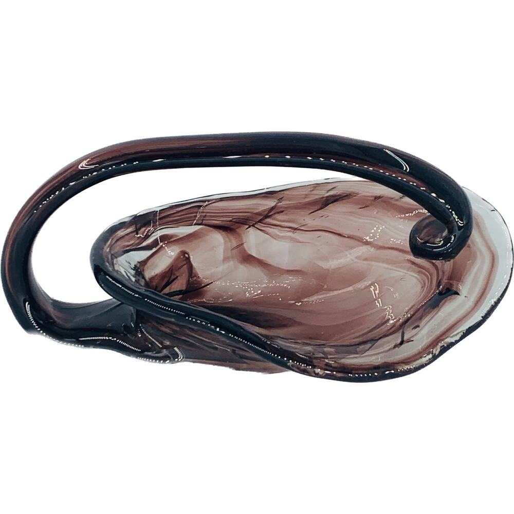 VTG Murano Style Art Glass Basket Brown Swirl Hand Blown Candy Dish MCM